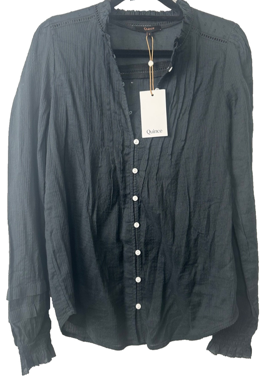 NEW Quince Womens S Organic Cotton Textured Cotton Peasant Blouse Black Boho A16